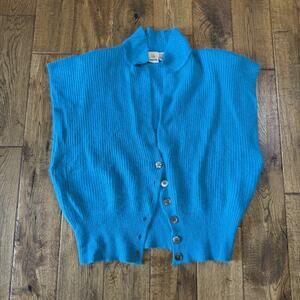 VTG LIZ CLAIBORNE Angora Lambswool Blend Button Up Vest Turquoise Fuzzy Sz L